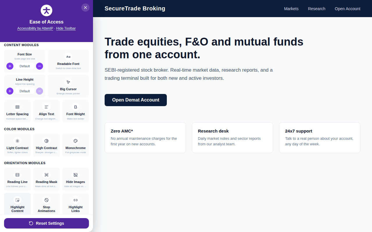 The same accessibility panel recolored to a custom purple brand color via the data-color attribute
