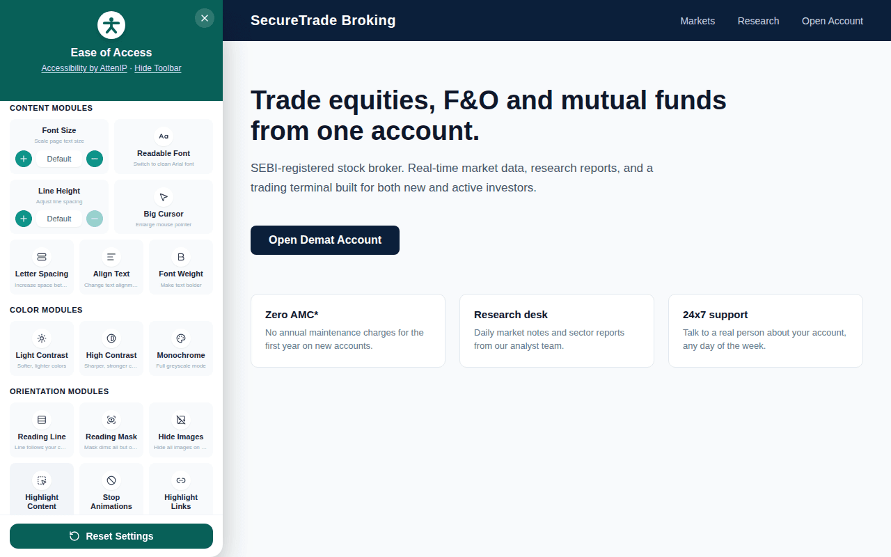 The AttenIP accessibility panel open on a sample broking website, in the default teal theme