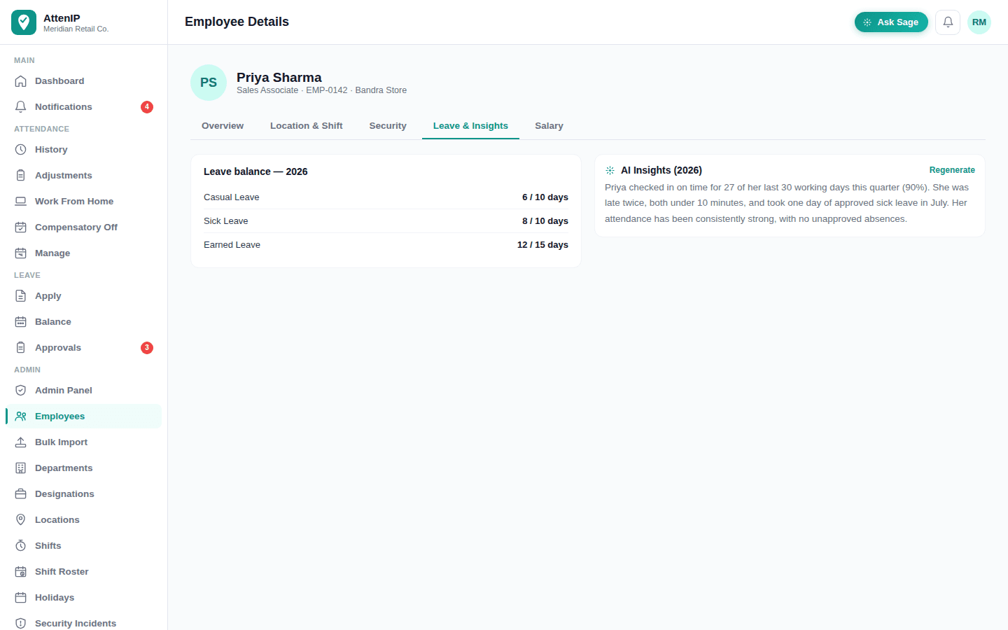 AI Insights panel on an employee's detail screen summarizing their attendance trend