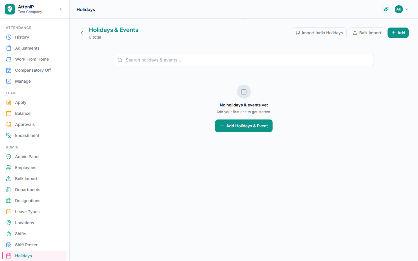 Holidays & Events screen for adding company holidays and events