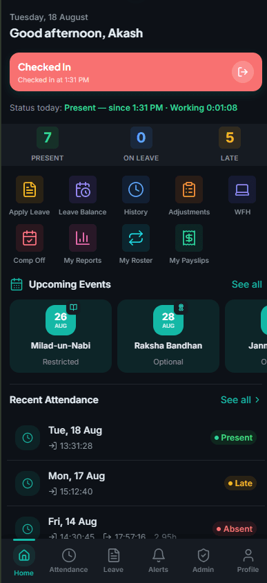 AttenIP home screen in dark mode, showing a successful geofenced check-in at 9:12 AM