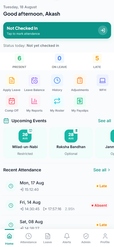 Home screen showing check-in status, with Apply Leave, Leave Balance, History, and Adjustments shortcuts