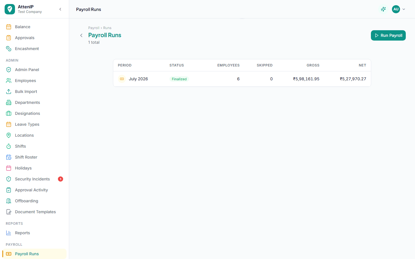 Payroll Runs screen showing a finalized month with gross, deductions, and net pay
