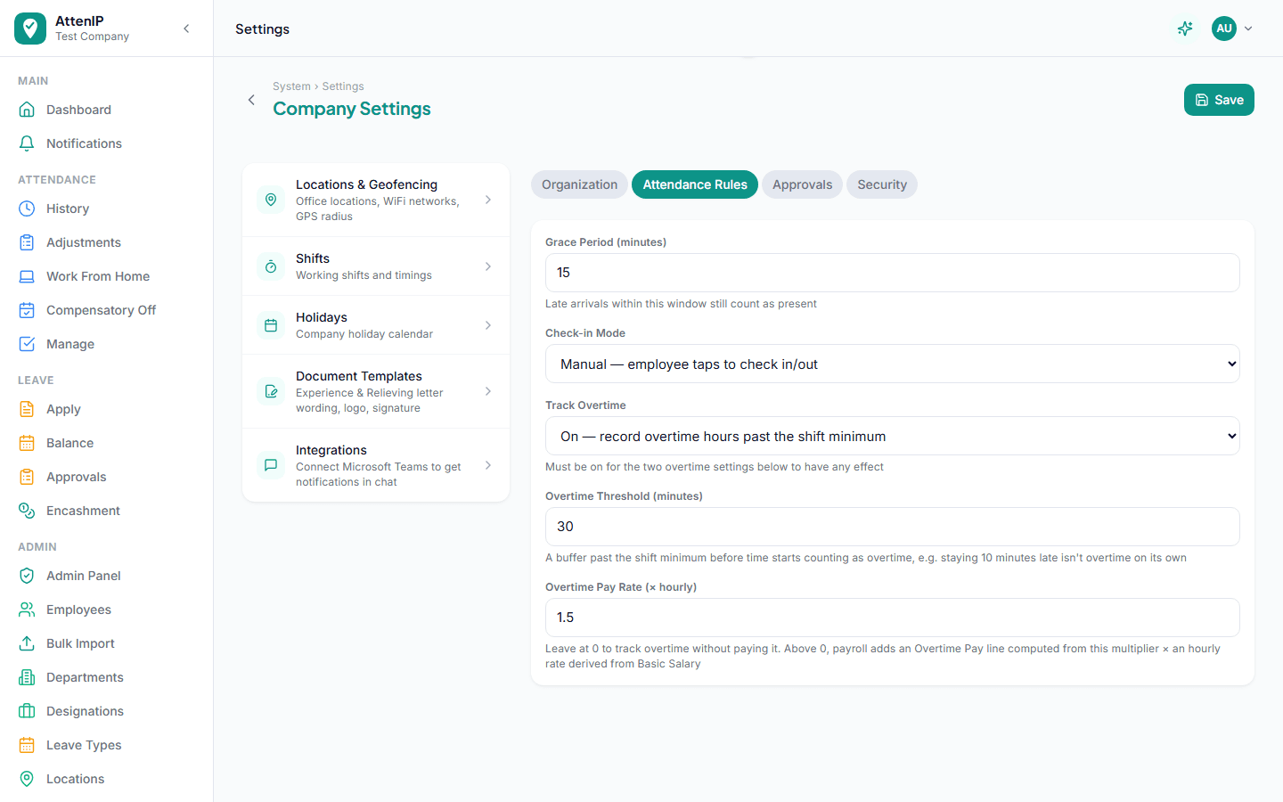 Company Settings screen showing working hours per day, grace period, half-day hours, weekly off, and check-in mode