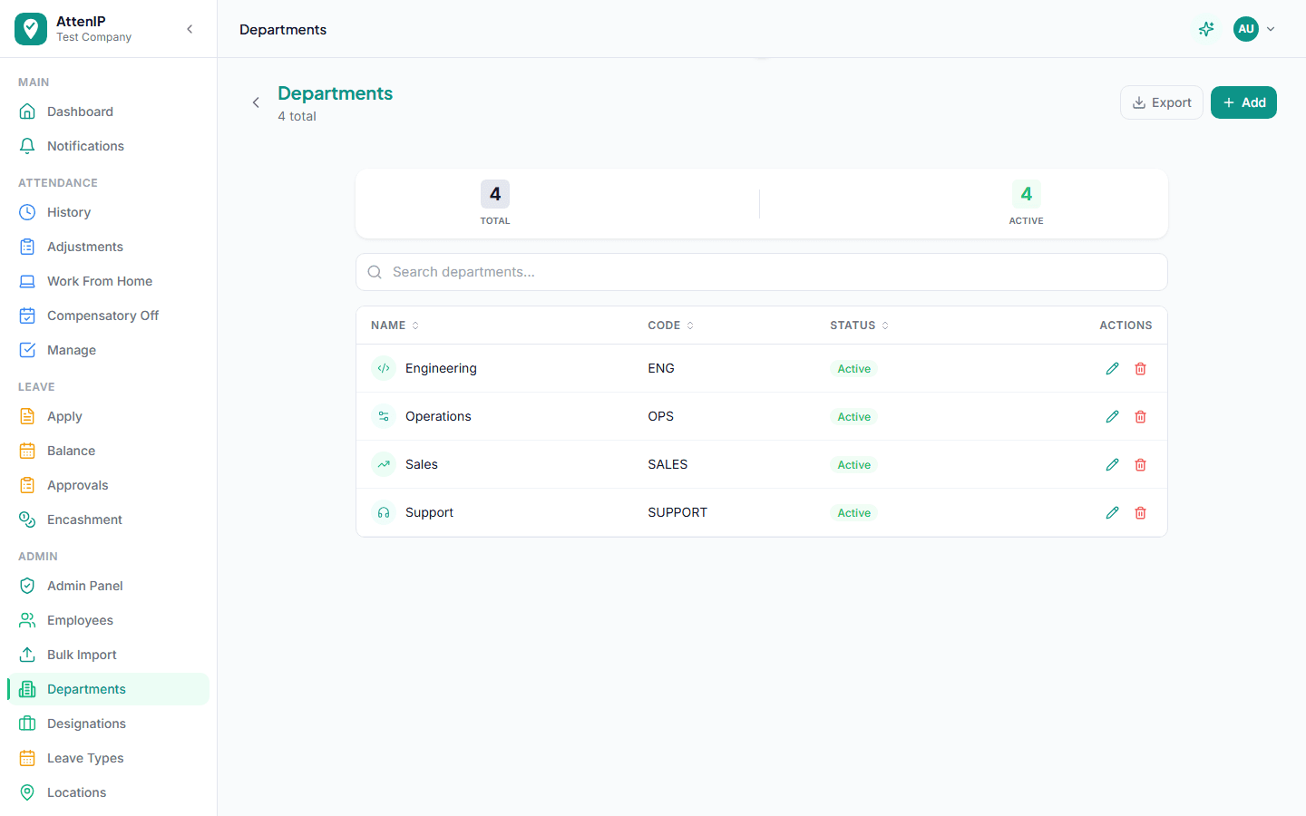 Admin dashboard showing live department attendance stats