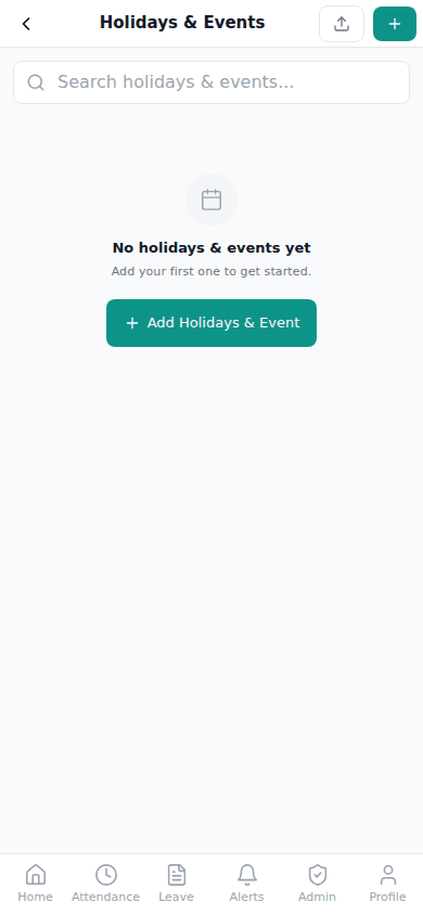 Holidays & Events screen for adding company holidays and events