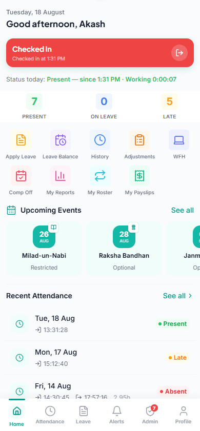 AttenIP home screen in light mode, showing a successful geofenced check-in at 9:12 AM