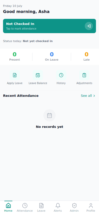 Home screen in manual check-in mode, with Apply Leave, Leave Balance, History, and Adjustments shortcuts