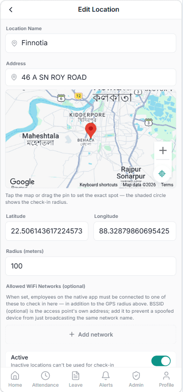 Location settings showing allowed WiFi networks with SSID, BSSID, and enforcement mode