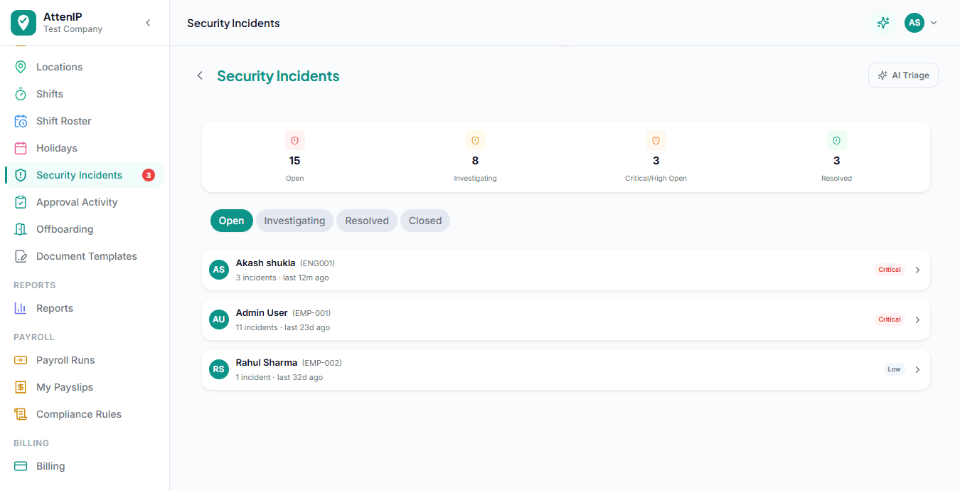 Security incidents screen showing a flagged check-in mismatch
