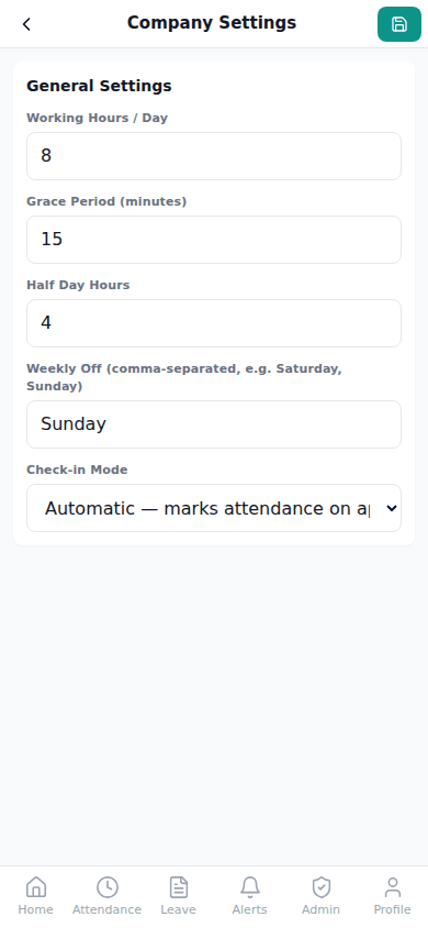 Company Settings screen showing working hours per day, grace period, half-day hours, weekly off, and check-in mode