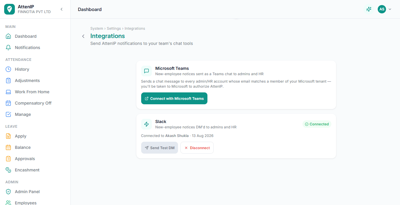 Settings screen showing Connect with Slack and Connect with Microsoft Teams